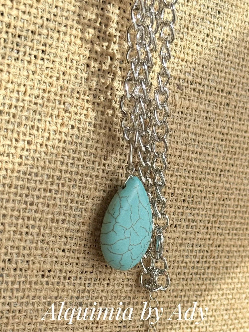 Chunky Turquoise Crackle Teardrop Necklace with Silver Chain